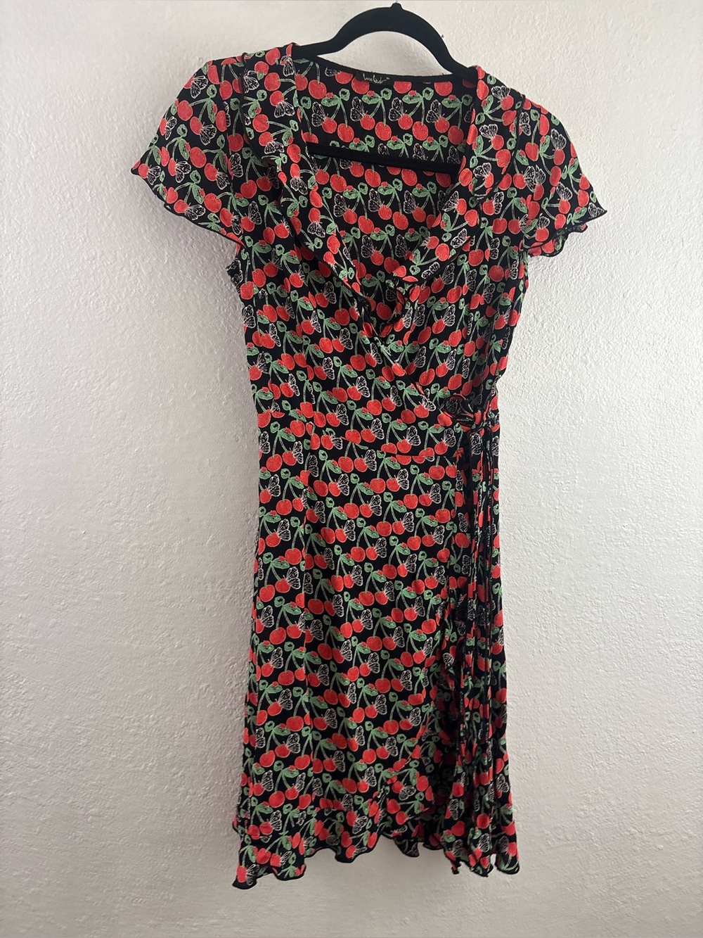 Loco Lindo wrap black and red cherry print wrap dress with short sleeves size M